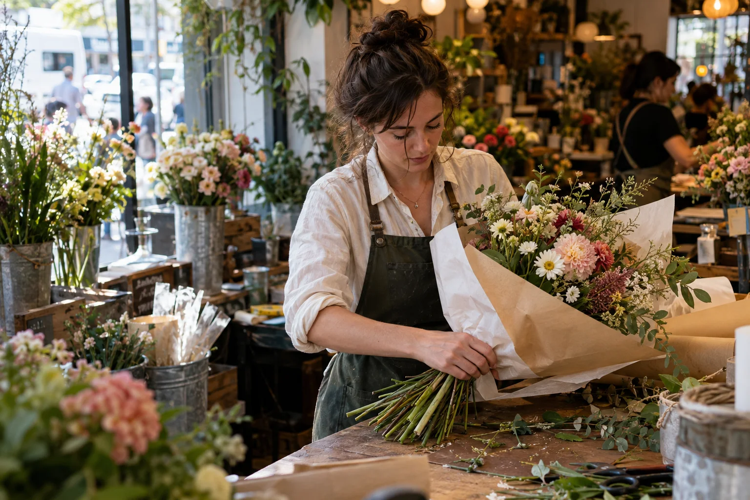 A florist arranging colorful flowers for a social media campaign